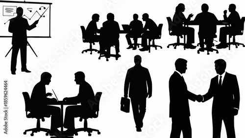 Business meeting and presentation silhouettes for corporate concepts.