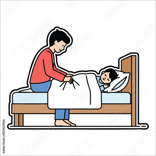 Father tucking his sleeping son into bed with a blanket vector illustration