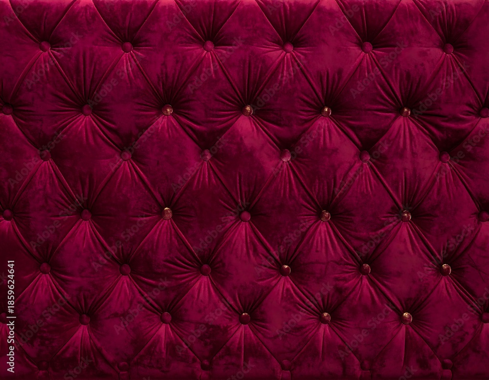 Fototapeta premium Deep crimson velvet fabric with a quilted pattern, textured by buttons, creating a luxurious, elegant look