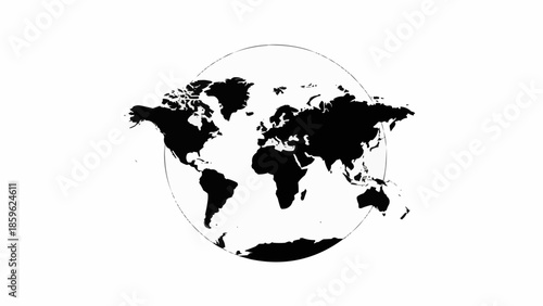 Black and white world map illustration with globe outline.
