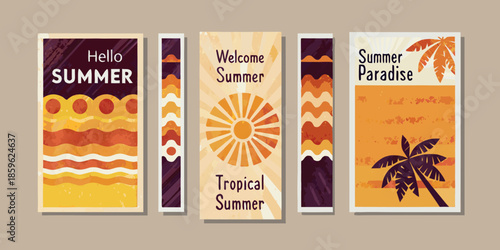 Retro summer banners with greetings palm trees and vibrant sunset designs