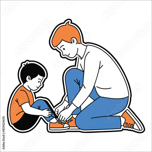 Father tying son's shoelaces with care and love on white background shoes