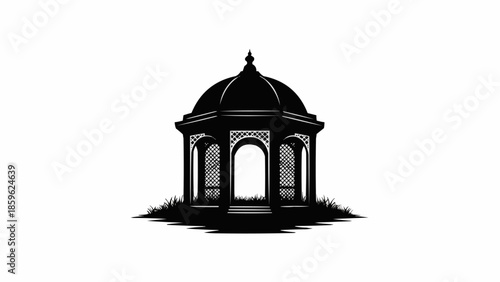 Black Silhouette of a Classic Gazebo Structure with Dome Roof.