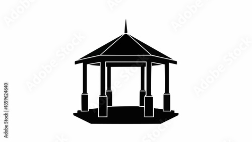 Black silhouette of a classic gazebo structure with a pointed roof.