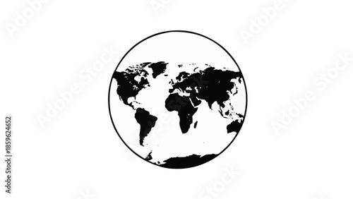 Black and white world map inside a circle on a white background.