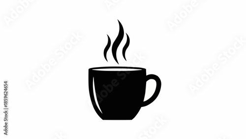 Black coffee cup with steam rising on white background.