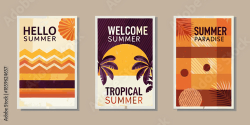 Three summer themed posters with text and abstract tropical designs