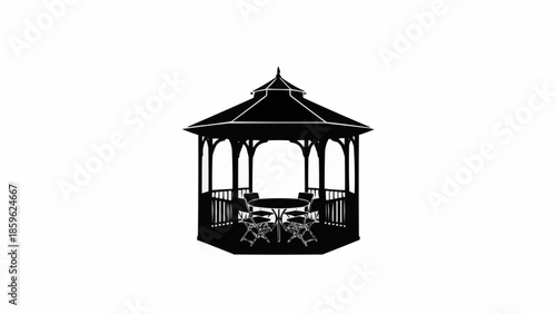 Black silhouette of a classic octagonal gazebo with a table and chairs.