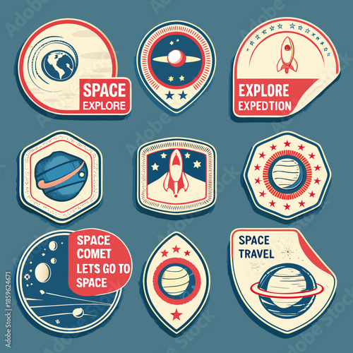 A collection of vintage space exploration badges and patches with planetary designs