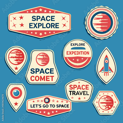 Retro space exploration badges and patches with planets and rockets
