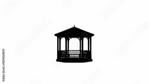 Black Silhouette of a Traditional Gazebo Structure Isolated on White.