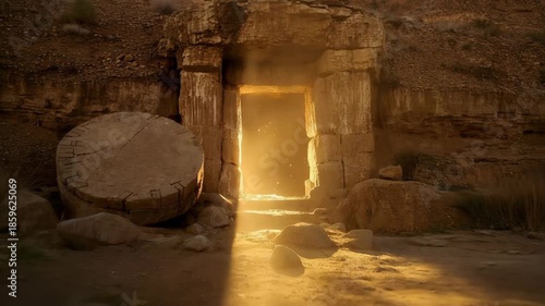 The empty tomb with the stone rolled away at sunrise. Bright light shines from the open entrance. A cinematic depiction of the resurrection of Jesus Christ on Easter morning