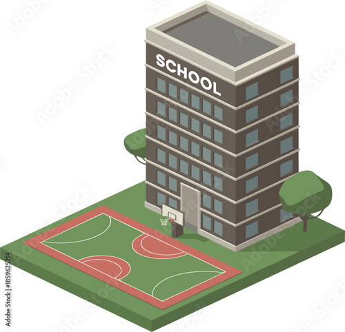 Isometric school building vector illustration, modern multistory educational facility with outdoor basketball court and campus trees