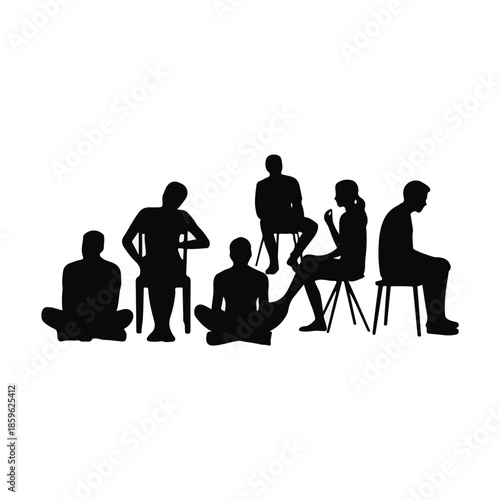 Silhouettes of people sitting in various poses, group of diverse men and women resting on chairs and floor, vector illustration.