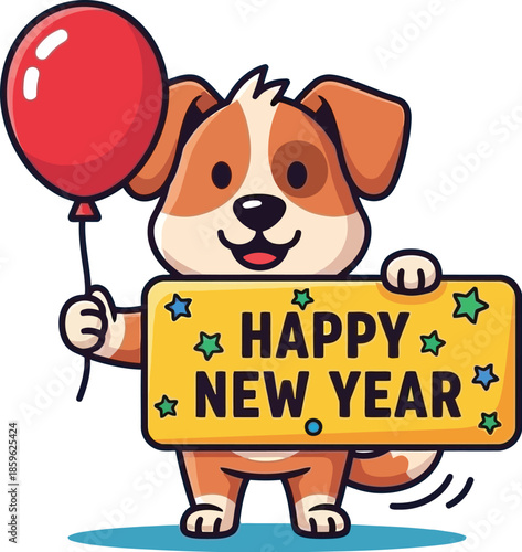 Adorable cartoon dog celebrates New Year with a festive red balloon
