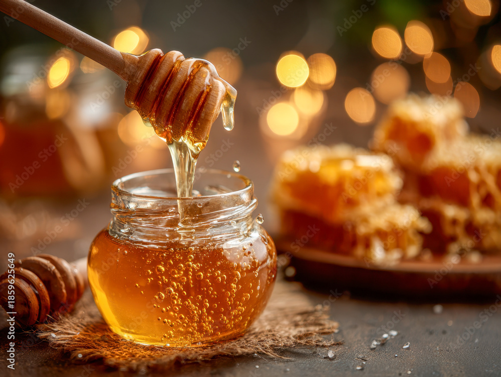 Fototapeta premium Golden honey dripping from a wooden dipper into a jar with honeycomb pieces and warm bokeh lights in the background creating a cozy atmosphere