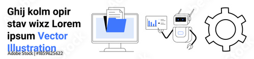 Robot reviewing document folder on desktop screen with statistical chart and gear. Ideal for technology, automation, data analysis, robotics, AI, workflow, innovation, simple landing page