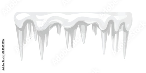 Cartoon snow caps and icicles hanging down from a frozen surface on a winter day.