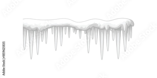 Cartoon snow caps and icicles hanging down from a frozen surface on a winter day.