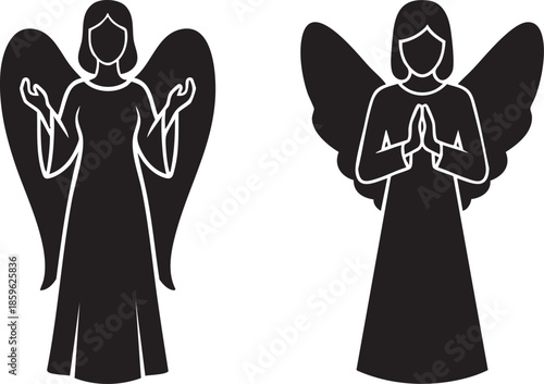 Two elegant black silhouettes of winged angels in different poses showcasing grace and spiritual symbolism