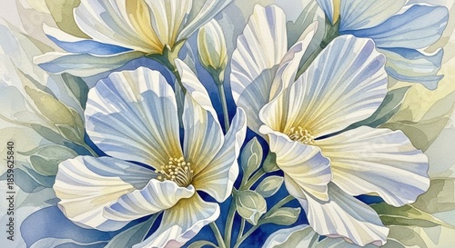 Beautiful watercolor painting of white and blue flowers