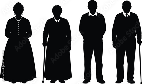 Elderly silhouettes standing together, aging population concept, senior lifestyle, retirement care, black figures, demographic study, healthcare, support, unity, dignity