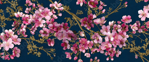 Cherry blossom textile repeat on deep navy matte fabric, metallic gold foil highlights and watercolor shading, 32k ultra HD
