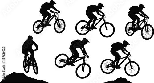 Mountain bike jump silhouettes, rider motion, cycling action, sports technique, black figures, dynamic posture, outdoor stunt, biking progression, trail