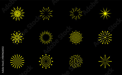 Yellow fireworks burst explosions on black background. celebration decorative element.