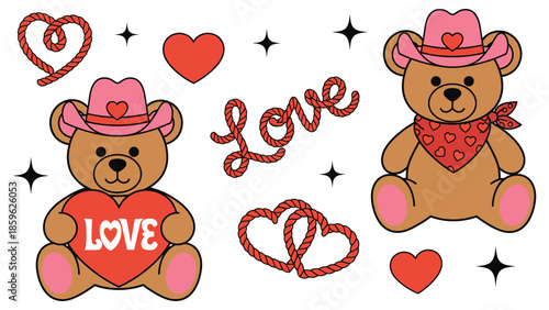 bear with heart, cowboy hat bear, love text, red hearts, stars
