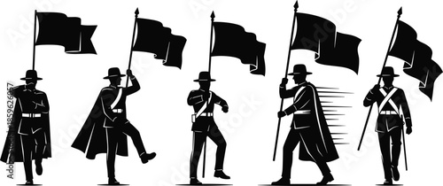 Silhouettes of flag bearers marching, dramatic poses, wide-brim hats, long coats, black figures, unity, movement, ceremonial, protest, parade
