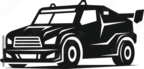 Black and white vector illustration of a stylized offroad racing truck with a large spoiler and roof racks viewed from a dynamic front threequarter angle.