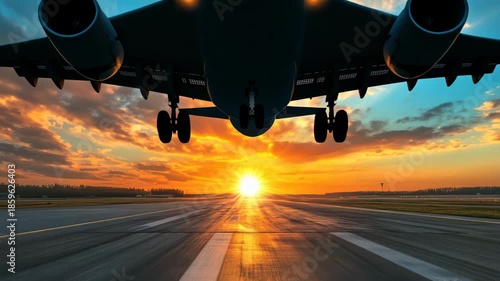 Airplane taking off on runway during sunset, cinematic aerial view, dynamic motion