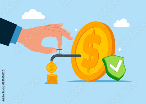 Hand opening water tap to let dollar coins next to a shield of a reliable business bank program with good quality. Financial investments. Flat vector illustration