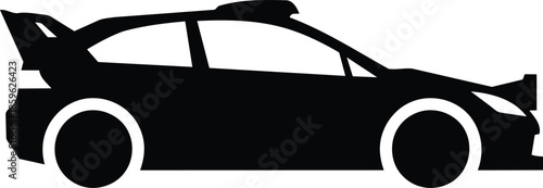 Dynamic black and white silhouette of a rally car in motion.