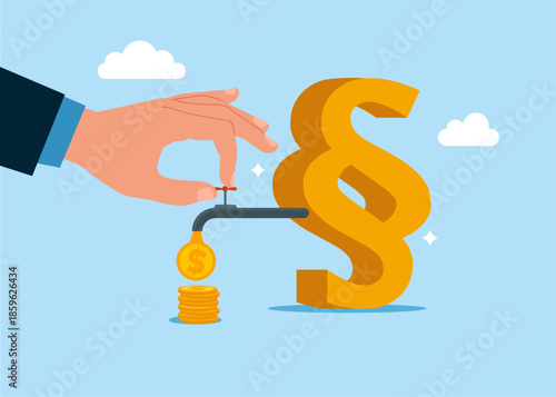 Hand opening water tap from paragraph and money is pouring out of the tap. Flat vector illustration