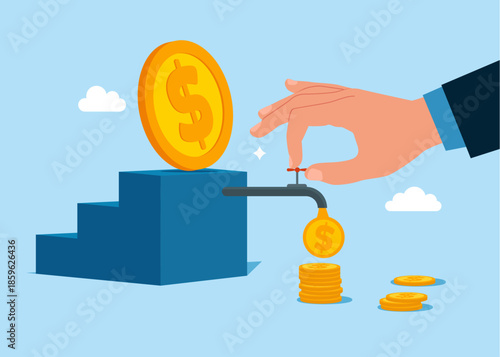 Hand opening water tap from profit ladder and money is pouring out of the tap. Investment profit growth. Make money to get rich or increase earning or income.