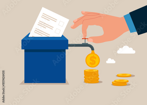 Voter bribery. Voting for money. Businessman with election box and opening water tap. Dollar coins out of the tap. Flat vector illustration