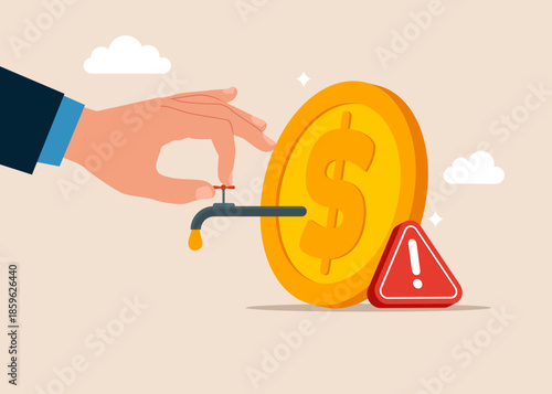 No money. Hand opening water tap to let dollar coins next to a exclamation attention sign of a reliable business bank program with bad quality. Flat vector illustration