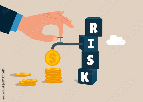 Hand opening water tap from cubic on stack with the word RISK and money is pouring out of the tap. Risk management, control or assess to lose money in investing. Flat vector illustration