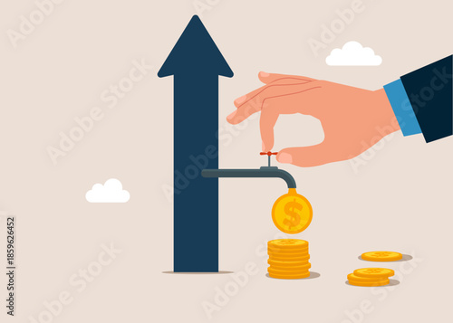 Businessman opening water tap from profit arrow up and money is pouring out of the tap. Investment profit growth. Make money to get rich or increase earning or income. Flat vector illustration