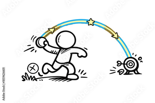 Sport Move Breakdown. Doodle-style vector icon of a sports move breakdown, glowing path repeating the optimal throw arc around the