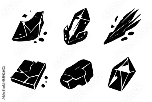 Fragmented Objects Icons. Solid vector icons of fragmented objects: broken glass, crystal shard, splinter, tile piece, stone