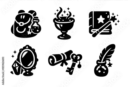 Enchanted Items Icons. Solid style icons of Enchanted Items: backpack potion, cup spell, notebook wand, mirror crystal, key scroll