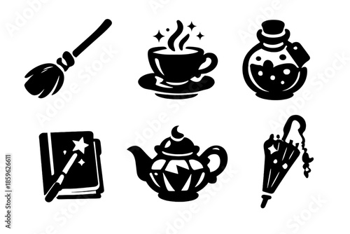 Everyday Magic Icons. Solid style icons of Everyday Magic: magic broom, enchanted cup, potion jar, wand notebook, crystal teapot,