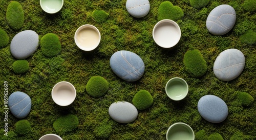 Serene arrangement of stones and eggshells on mossy ground