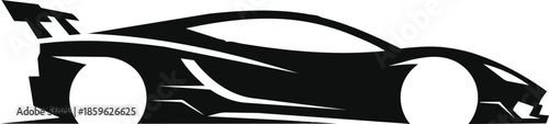 Sleek black silhouette of a modern sports car with a prominent rear spoiler showcasing dynamic lines and a powerful fast aesthetic.