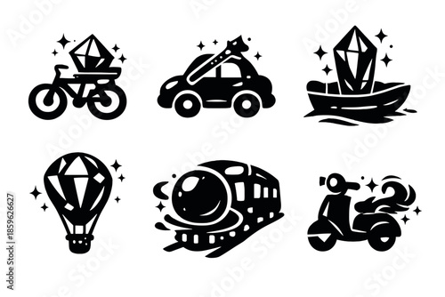 Magical Transport Icons. Solid style icons of Magical Commuting: bicycle prism, car wand, boat crystal, hot air balloon gem, train
