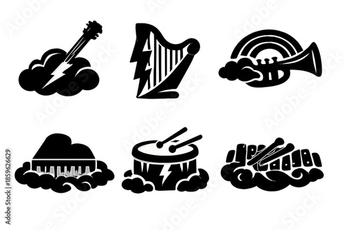 Celestial Music Icons. Solid style icons of Celestial Music: cloud guitar, lightning harp, rainbow trumpet, fog piano, storm drum,