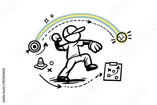 Sport Move Breakdown. Doodle-style vector icon of a sports move breakdown, glowing path repeating the optimal throw arc around the